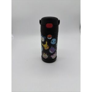 Pokémon Kids Water Bottle Black Plastic Push Button Lid Handle Pikachu Squirtle